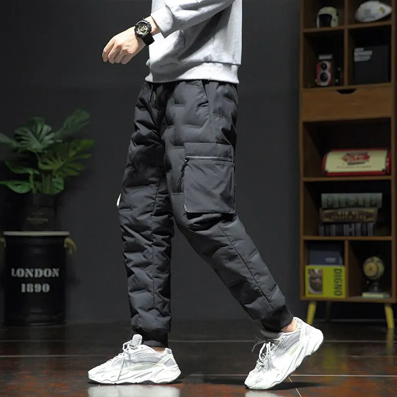 Wholesale OEM Custom Made Winter Warm Down Padded Thicken Men Joggers Sportswear Sweatpants Thermal Down Trousers