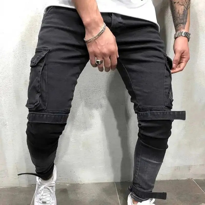 Custom Made Designed Mens Polyester Cotton Elastic Denim Jogging Fashion Mens Skinny Multi-Pocket Jeans