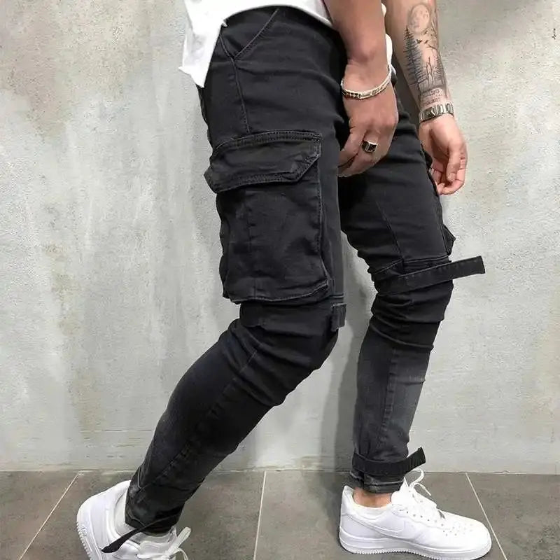 Custom Made Designed Mens Polyester Cotton Elastic Denim Jogging Fashion Mens Skinny Multi-Pocket Jeans