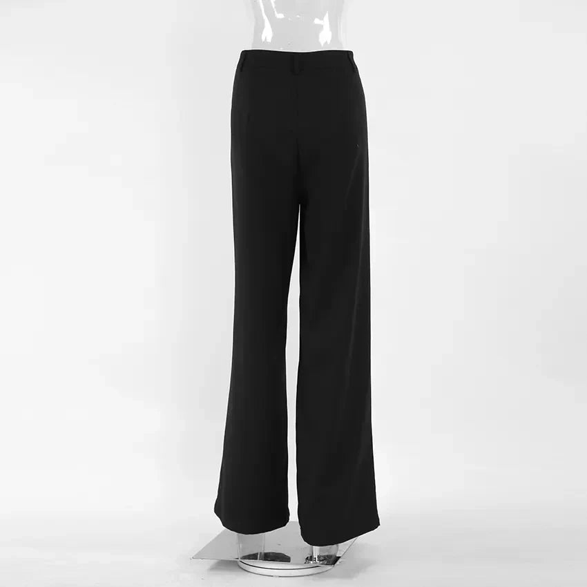 OOTN Autumn Solid Pockets Party Trousers Women Elegant Office Lady Pleated Long Fashion Black Straight