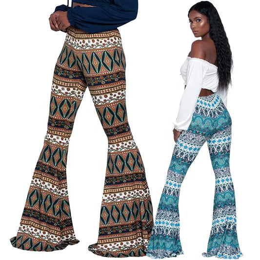 Womens Boho Bell Bottom Flare Pants Geometric Print Trousers Ethnic Clothing Hippie Clothes Yoga Leggings Palazzo