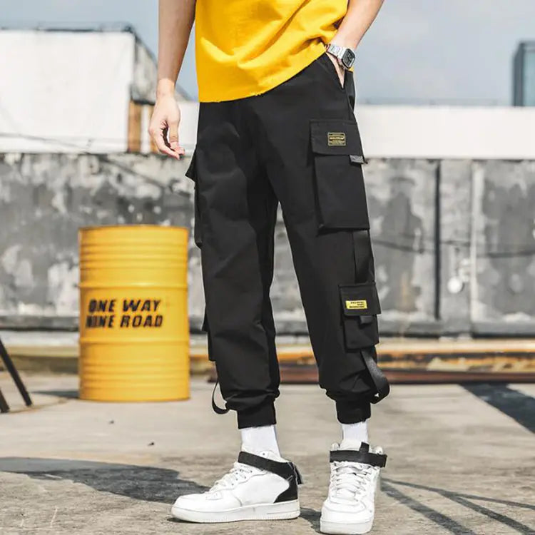 New Joggers Cargo Pants for Men Casual Hip Hop Pocket Male Trousers Sweatpants Streetwear Ribbons Techwear