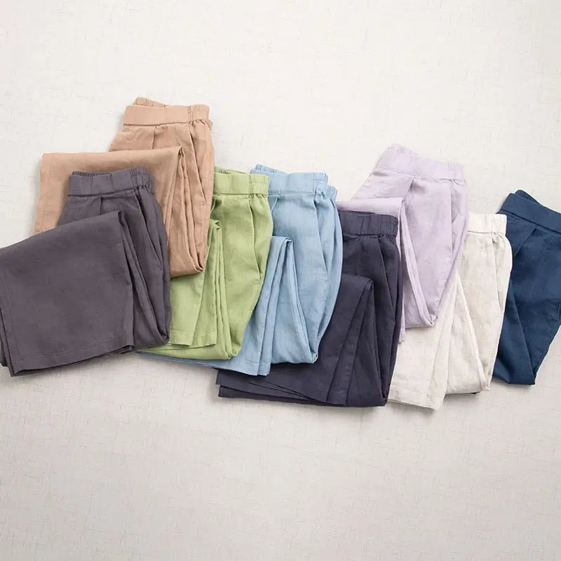 Pure linen wide leg pants Japanese style women 8 length summer wear