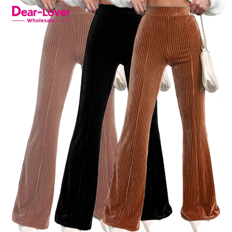 Dear-Lover OEM ODM Custom Private Label Wholesale Plain Solid High Waist Casual Corduroy Flare Women