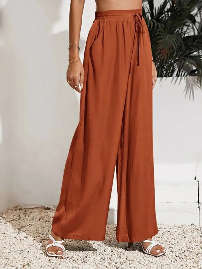 FEIBIA Summer New High Waist Casual Trousers Solid Color Elastic Waist Tie Loose Wide Leg Women