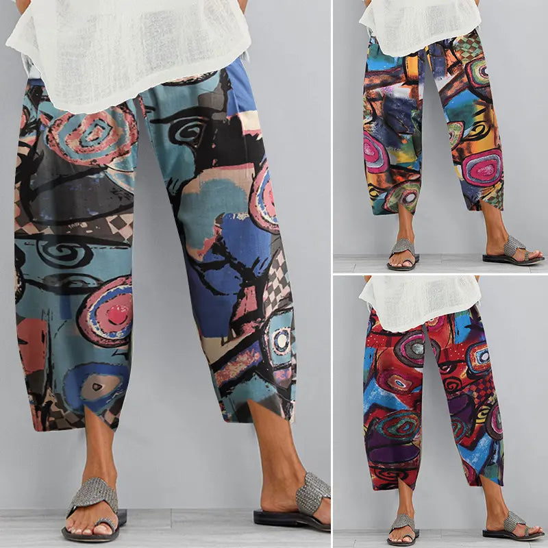 Fashion Women New Wide-leg Nine-point Pants Loose Casual Cotton and Linen Elastic Waist