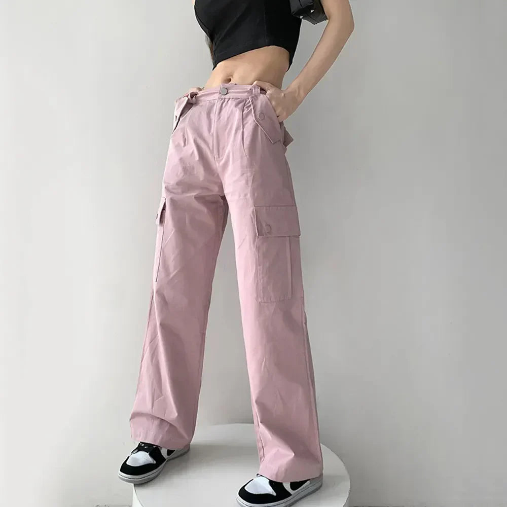 Women Girls High Waist Casual Pants Cotton Loose Pink Sweet Loose Cool Cargo