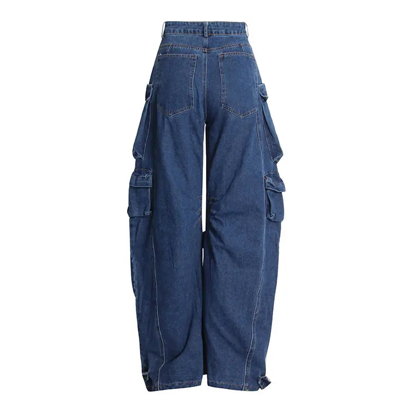 Jean Women Vintage Patchwork Pockets Loose High Waist Casual Cargo New