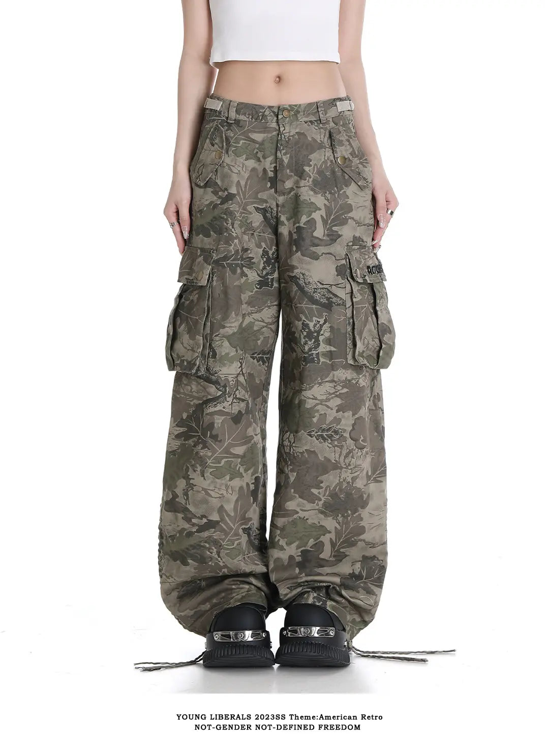 American retro women's high-waisted slimming straight leg loose wide leg cargo hip hop spice hipster camouflage