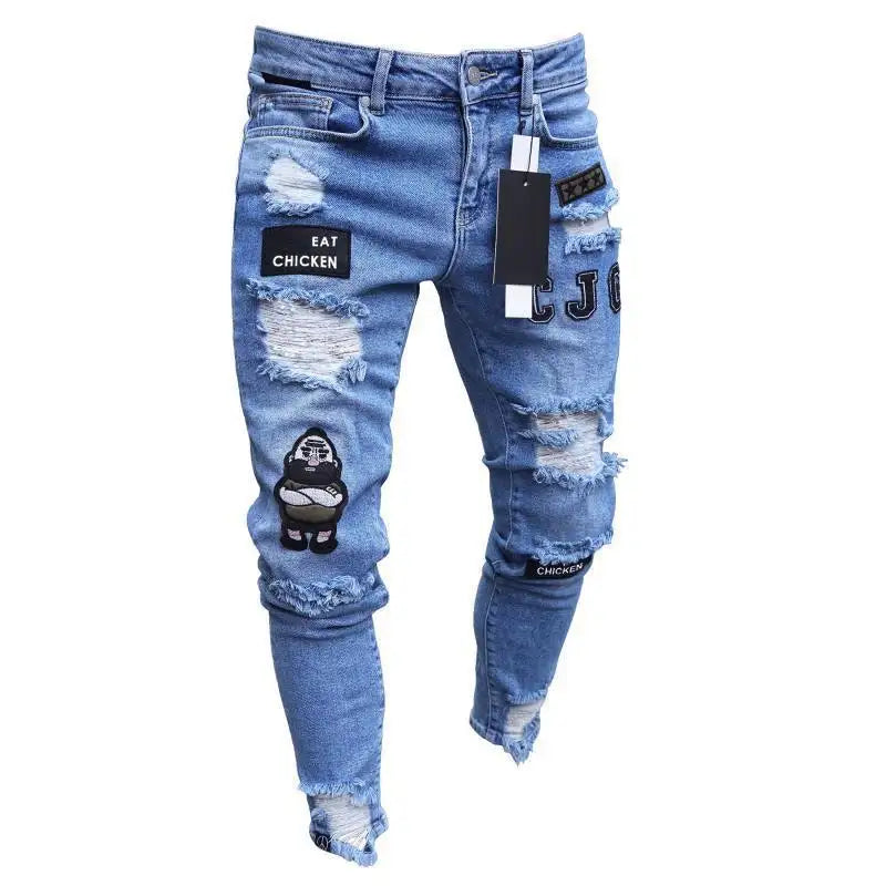 Men Casual Denim Men Jogger Pants Hot Sale Street Skinny Jeans With Ripped Badges Logo Leggings Men Pencil Cargo Jean