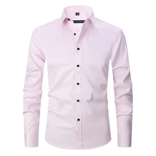 New Fashion Men Office Elastic Solid Color Button Lapel Long Sleeve Dress Shirts Business Stretch Tops Blouse Casual Dress Shirt