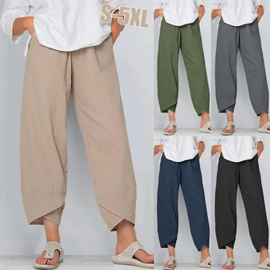 Fashion Women New Wide-leg Nine-point Pants Loose Casual Cotton and Linen Elastic Waist