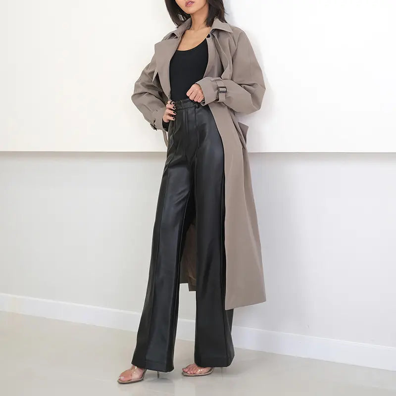 Women Leather Pants Straight-leg Trousers High Waist Leather