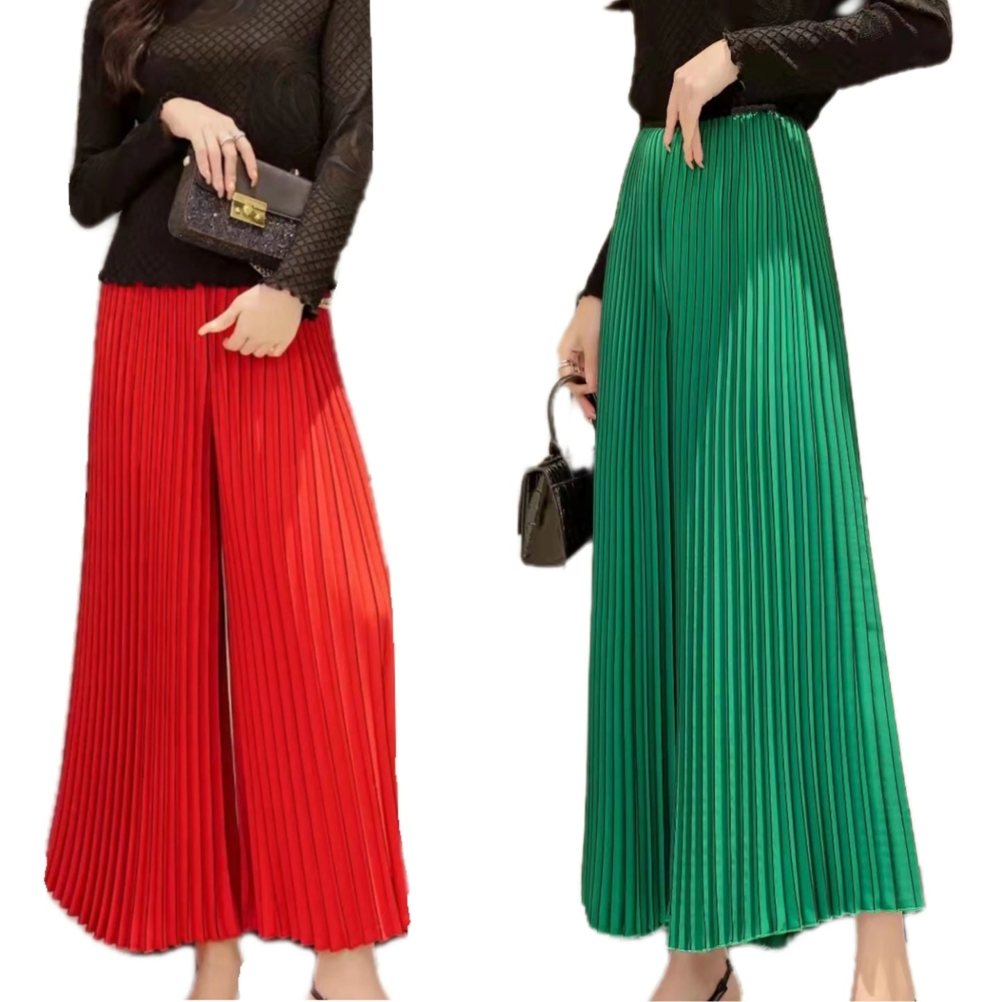 Women Korean Style Miyake Chic Solid A-line trousers Midi Elegant Elastic High Waist Long Accordion Pleated