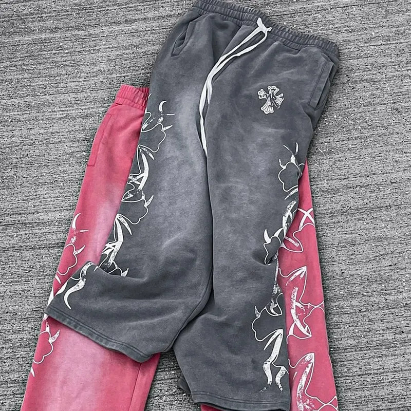 Xuanyang Garment Custom Acid Wash Sun Faded Printed Sweatpants Heavyweight Embroidery Straight Wide Leg Oversized Sweat