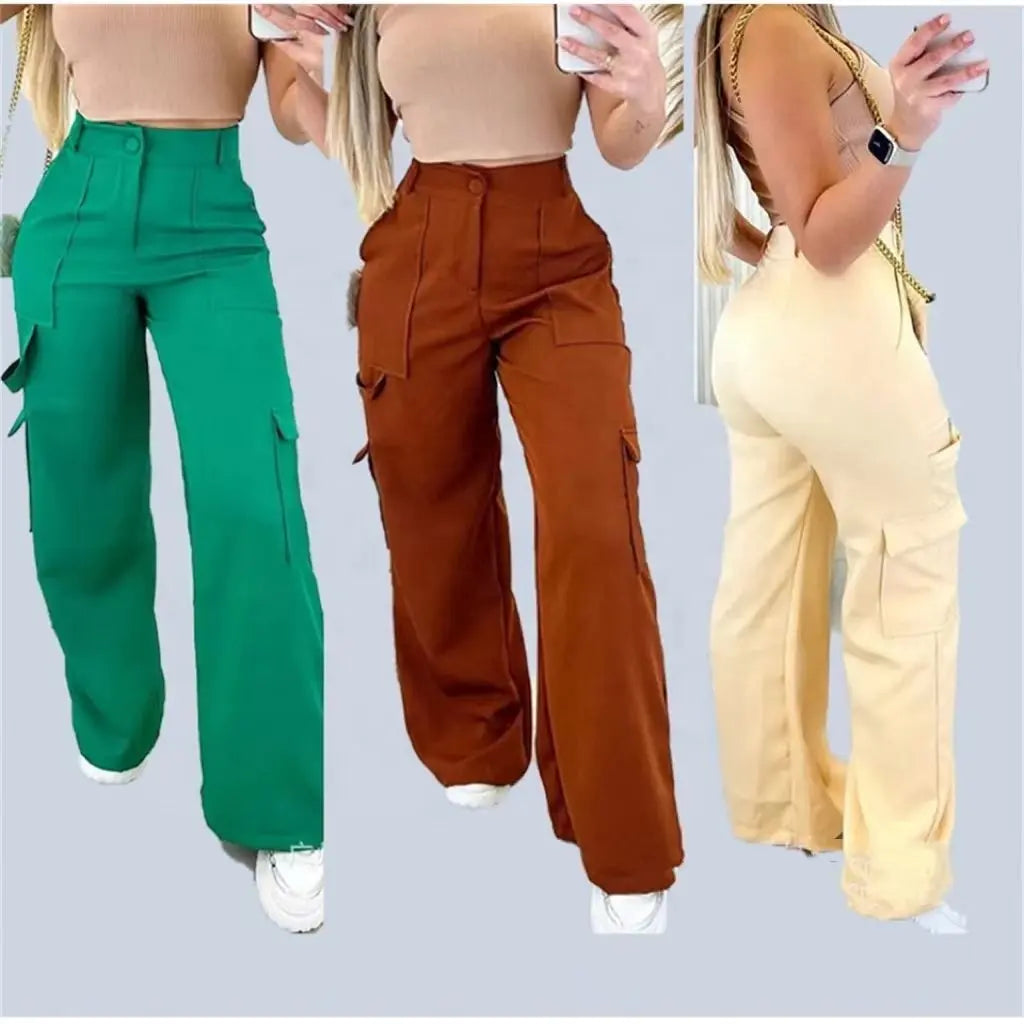 ZHEZHE High Street Wear Solid Color Fashion Cargo Withe Side Pocket Ropa Mujer High Waist Women's Trousers