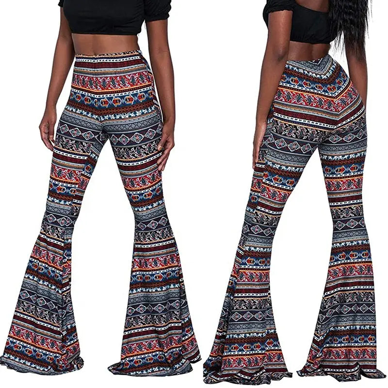 Womens Boho Bell Bottom Flare Pants Geometric Print Trousers Ethnic Clothing Hippie Clothes Yoga Leggings Palazzo