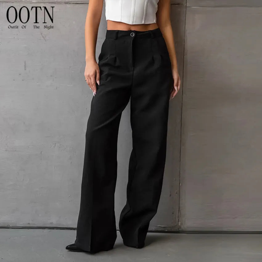 OOTN Autumn Solid Pockets Party Trousers Women Elegant Office Lady Pleated Long Fashion Black Straight