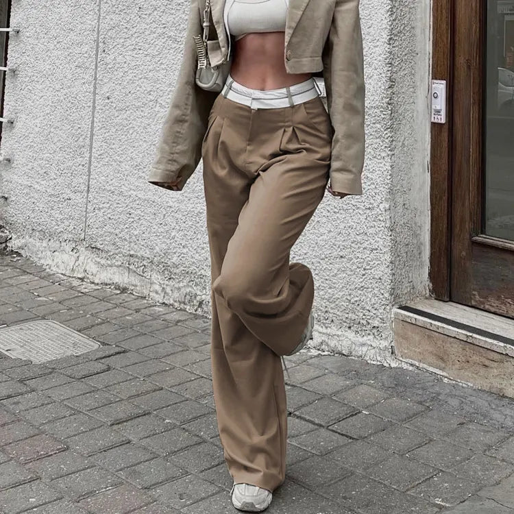 Trendy Female Clothes Patchwork Khaki Office High Waist Formal Casual Loose Palazzo Trousers Women