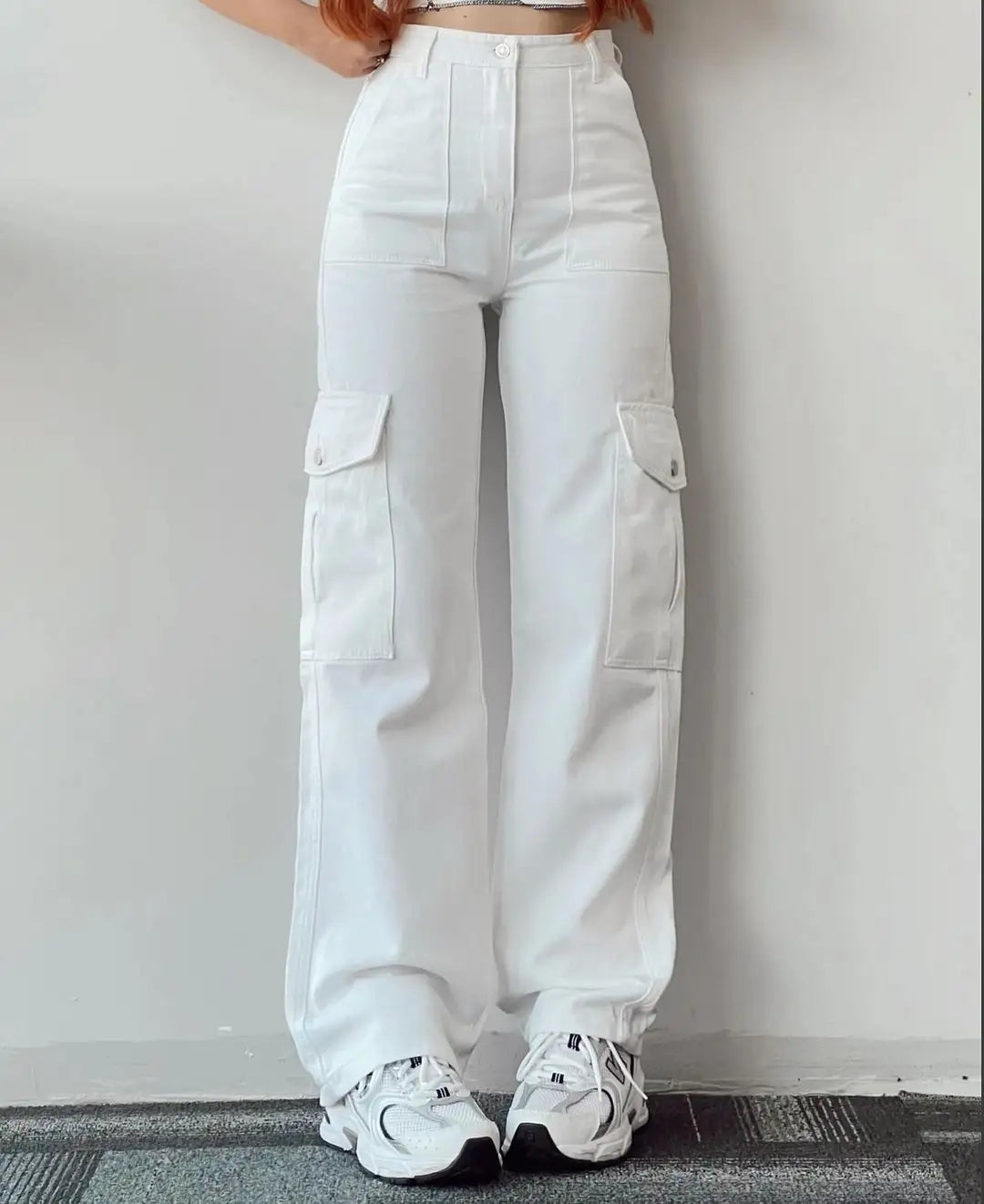 New women's solid color all-matching casual mid-waist trousers wide leg cargo