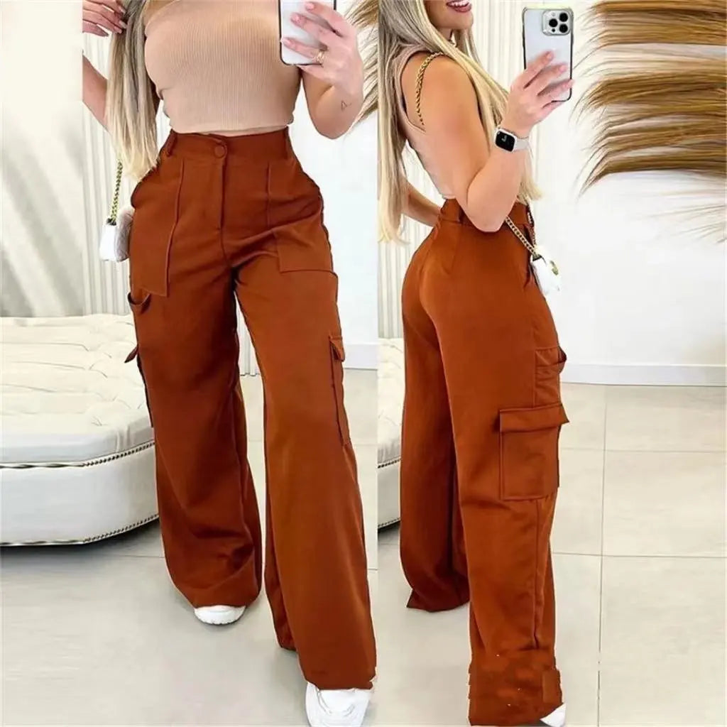 ZHEZHE High Street Wear Solid Color Fashion Cargo Withe Side Pocket Ropa Mujer High Waist Women's Trousers