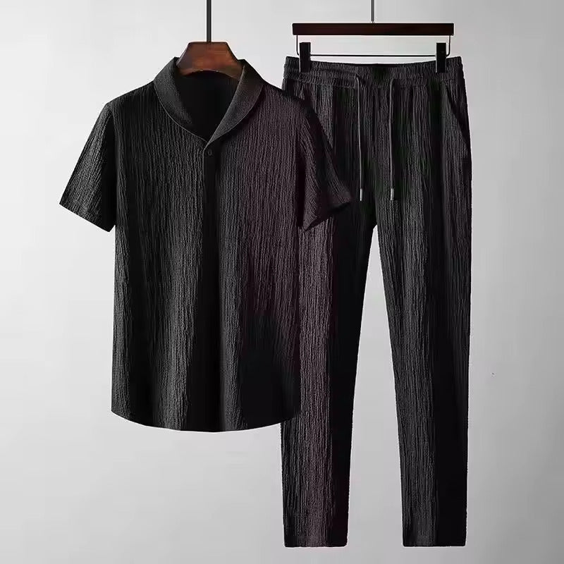 Summer Men 2 piece Suits Short Sleeve Tops + Long Pants Solid Color Polo Lapel Collar Button Elastic Waist Trousers Tracksuit