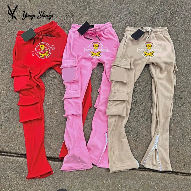 YYSY Custom Embroidery Logo Multiple Pockets OEM Manufacturer Flared Sweatpants With Zipper Track