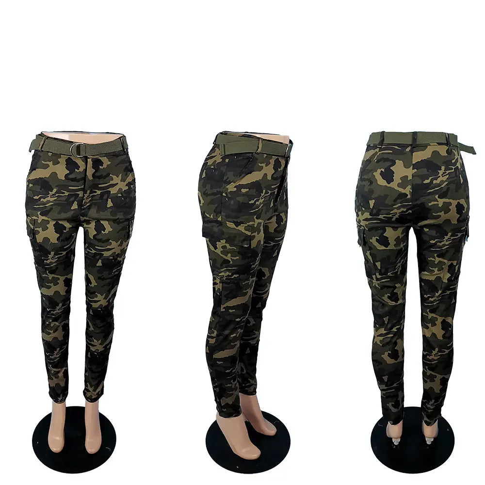 Wholesale Multi Pockets Pencil Pants Casual Camouflage Cargo With Belt For Women