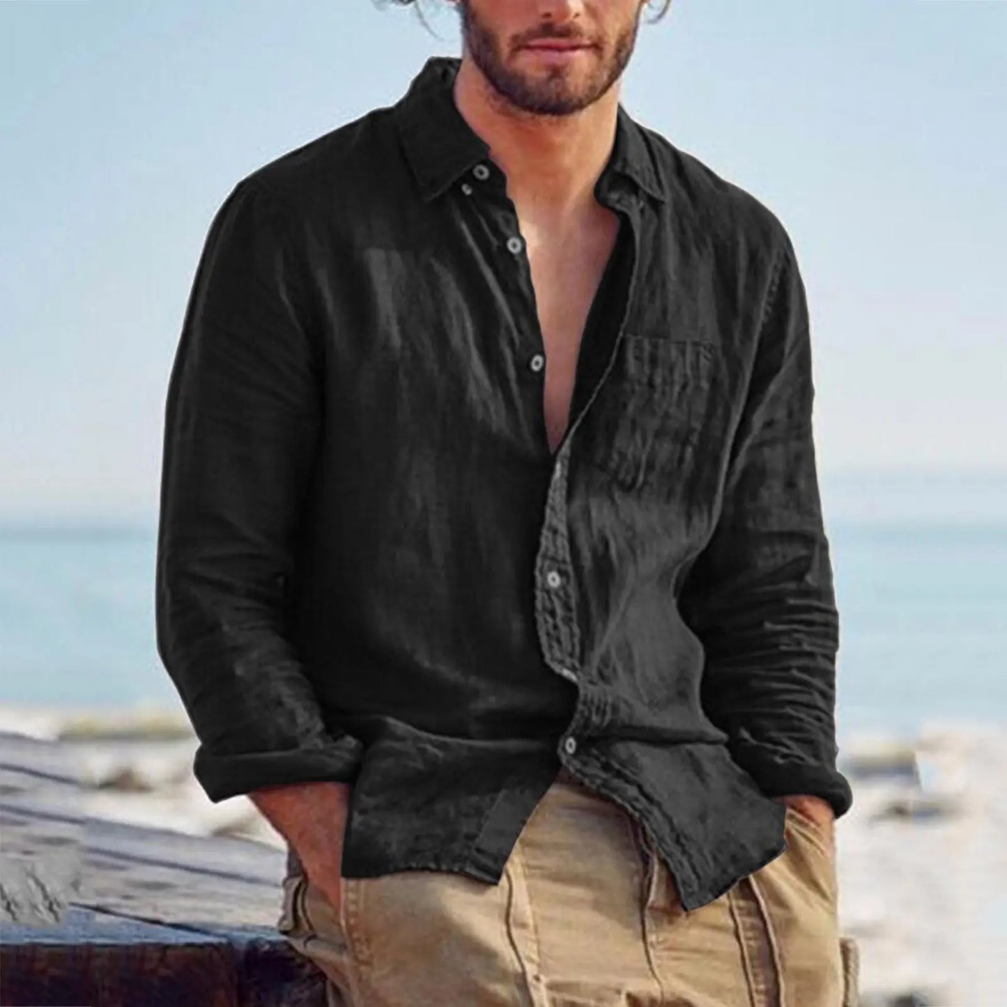 oem Customize oversize Men's Casual V-neck Shirts Button Solid Beach Long Sleeve Top Blouse Cotton Linen men's