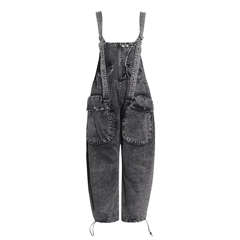 New Streetwear Fashion Women'S Pants & Trousers Cargo Overalls Grey Denim Jeans Loose Suspender High Waist Casual Trousers