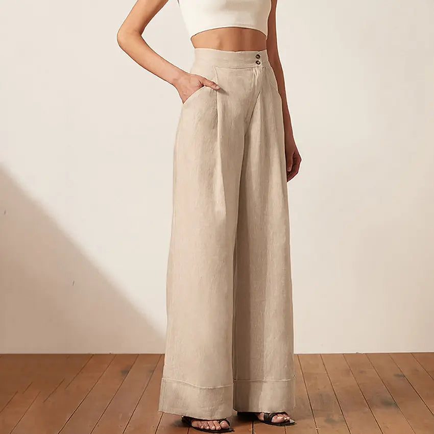 Shinesia Summer Casual Pants Women's Clothing Khaki Straight Cotton Linen High Waist Loose Knitted WASHED Wide Leg Trousers