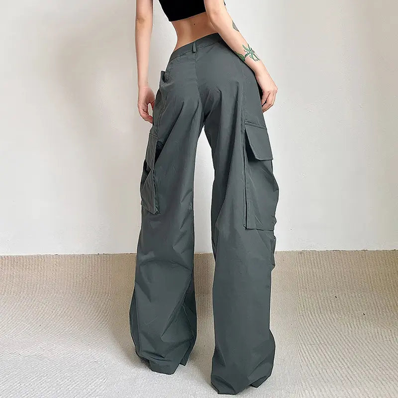 Flare Cargo Pants Women Parachute Pockets Vintage Y2k 90s Streetwear