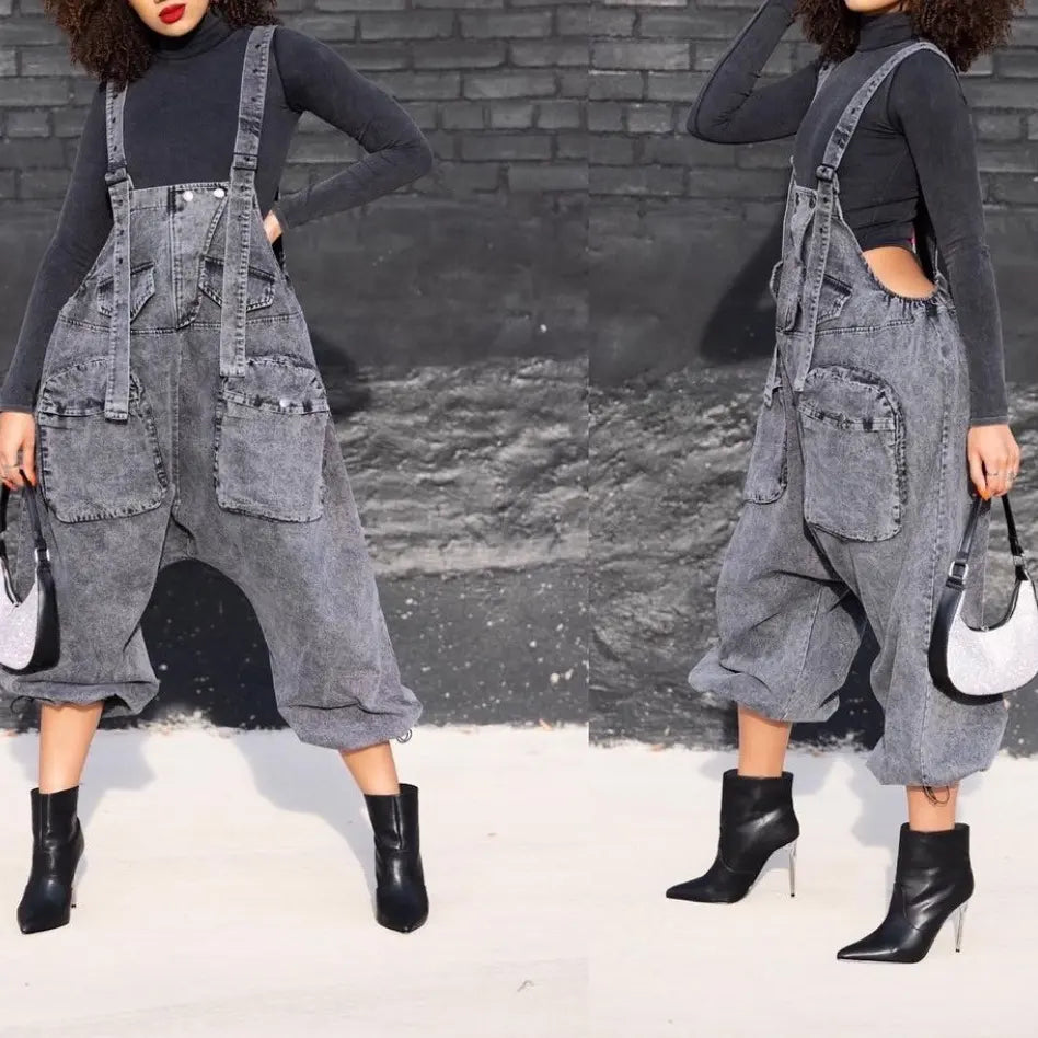 New Streetwear Fashion Women'S Pants & Trousers Cargo Overalls Grey Denim Jeans Loose Suspender High Waist Casual Trousers