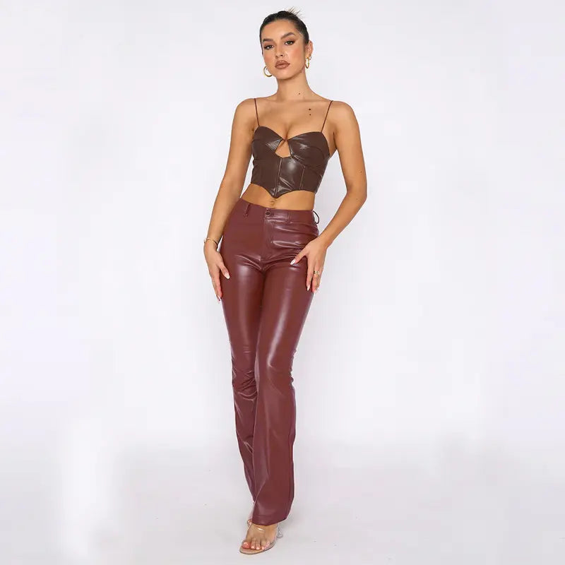 Casual Women PU Leather Straight Pants High Waist Zipper Fly Trousers