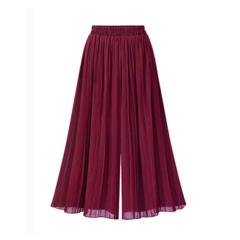 Women Chiffon Pleated Wide Leg Plus Size Pants Elastic Waist Loose Trousers Short Lining Summer Spring Casual Long Ninth