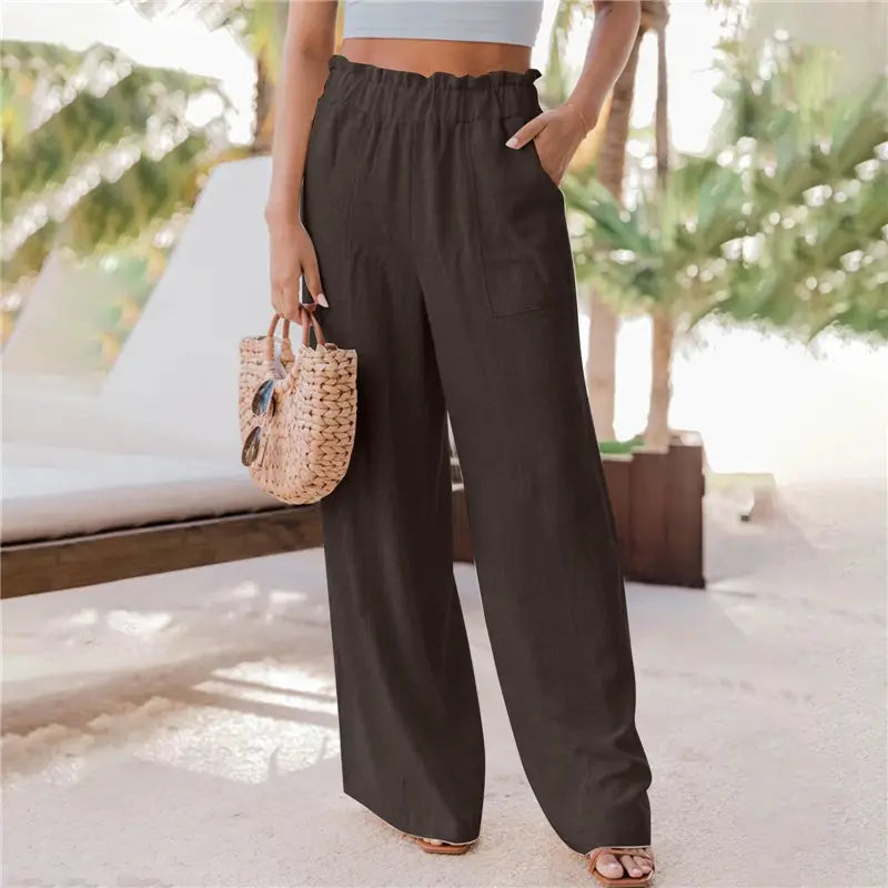 summer new women's casual wide leg pants fashion ruffles pockets high waist women's