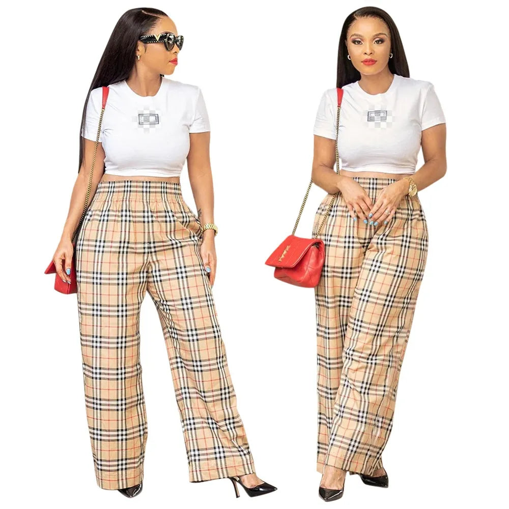 QuiteS New Plaid Print Loose Micro Flare Single Trousers Casual Wide Leg Cargo For Women Long