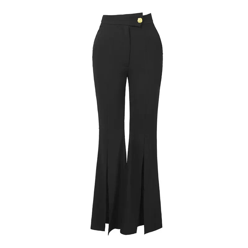 ZYHT 50150 High Waist Side Slit Skinny Fit Black Women Bell-bottoms Fashion Causal Stretch Female Flare