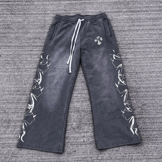 Xuanyang Garment Custom Acid Wash Sun Faded Printed Sweatpants Heavyweight Embroidery Straight Wide Leg Oversized Sweat