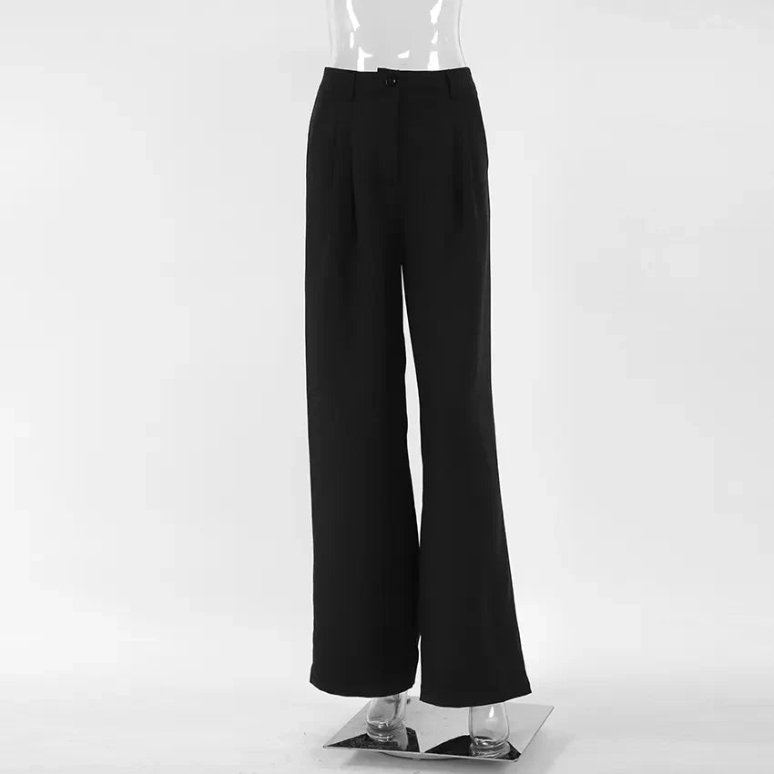 OOTN Autumn Solid Pockets Party Trousers Women Elegant Office Lady Pleated Long Fashion Black Straight