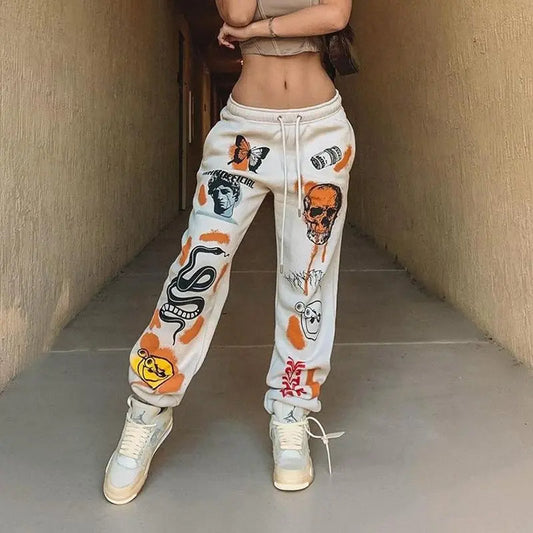 Women Sweat Pants Street Wear Cartoon Printed Trousers Jogger Winter Drawstring Cargo Casual Sweatpants