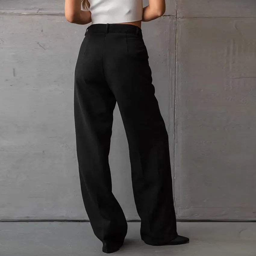 OOTN Autumn Solid Pockets Party Trousers Women Elegant Office Lady Pleated Long Fashion Black Straight