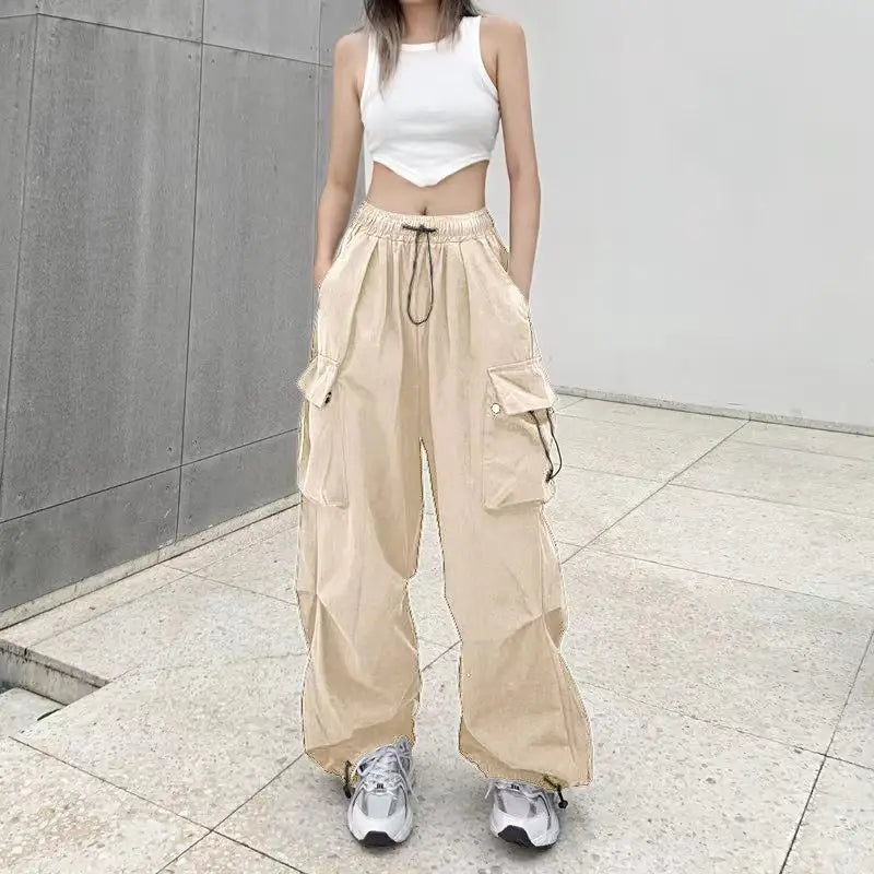 Fengway Trendy Vintage Wide Leg Pants Women Loose Ankle Trousers Streetwear Drawstring Cargo With Pocket