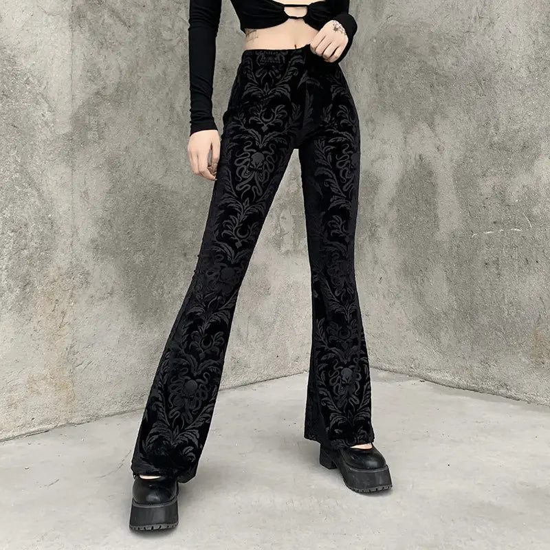 Vintage Gothic Velvet Black Pants Goth Harajuku Bodycon High Waist Trousers Streetwear Punk Flared Women Autumn