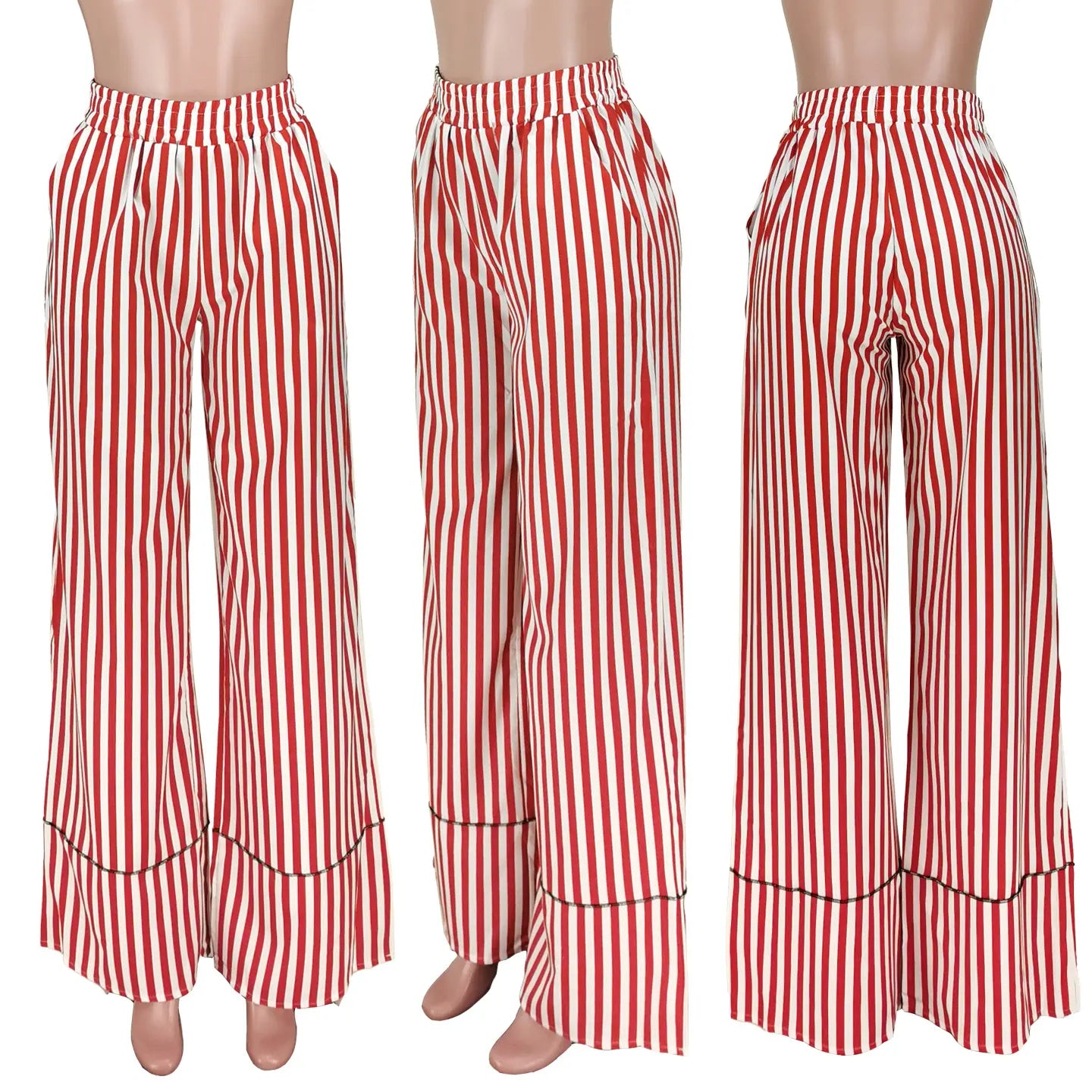 Fall Clothing Casual Trendy High Waist Striped Printed Trousers Women Wide Leg Long