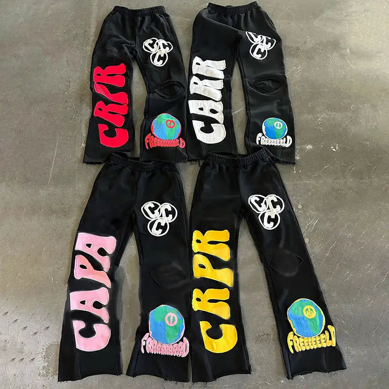 Streetwear Jean Pant Heavyweight Cotton Embroidery Applique Patches Baggy Stacked Sweatpants Vintage Custom Denim For Men