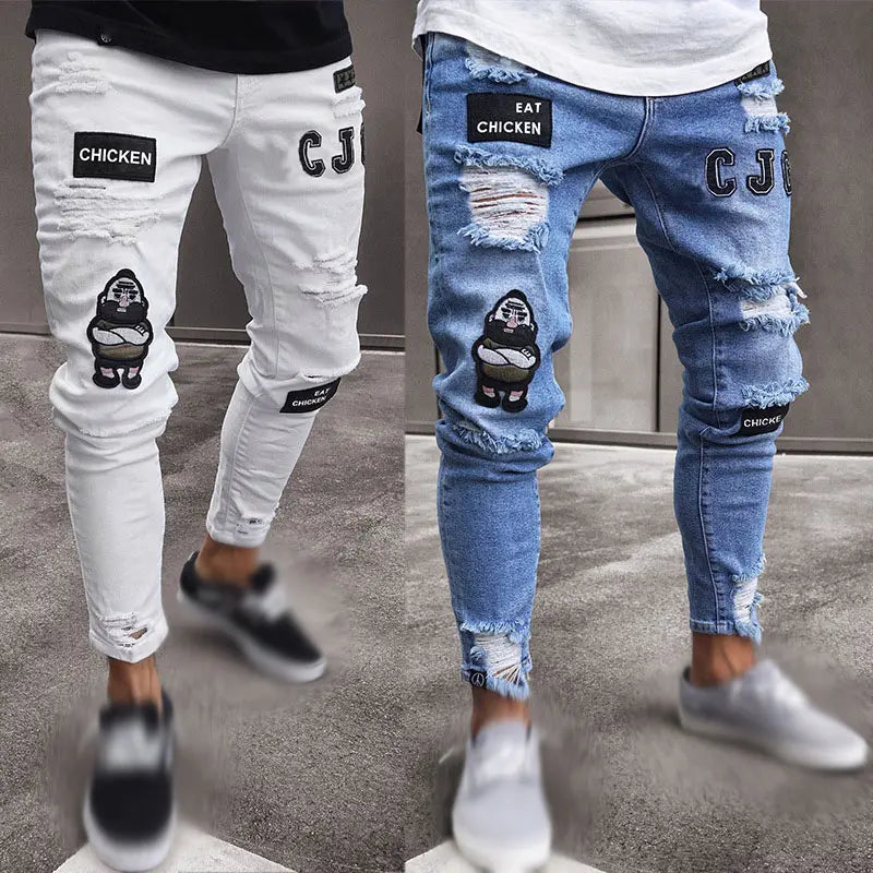 Men Casual Denim Men Jogger Pants Hot Sale Street Skinny Jeans With Ripped Badges Logo Leggings Men Pencil Cargo Jean