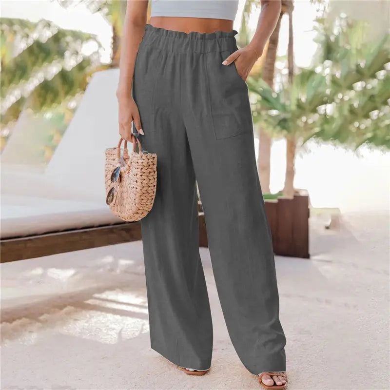 summer new women's casual wide leg pants fashion ruffles pockets high waist women's