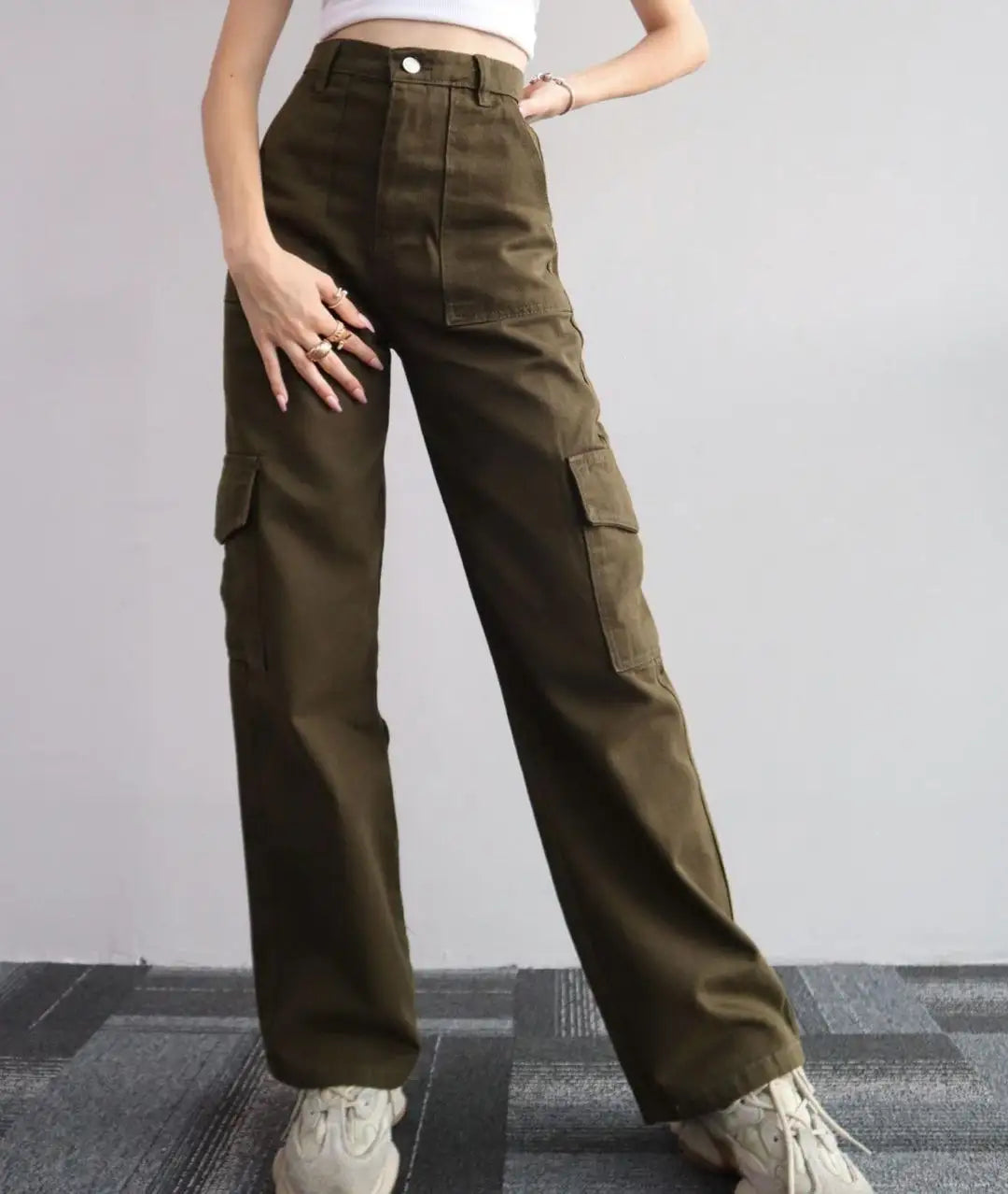 with multi 6 pocket cotton high waisted mujer ladies khaki black Wholesale casual woman custom cargo trousers for women