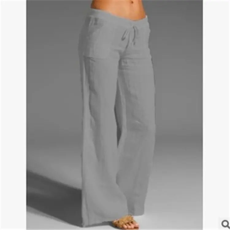 Elastic Waist Solid Color Cotton Women Trousers Linen Wide Leg